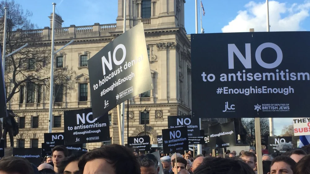 Thousands gather outside of Parliament in London to protest anti-Semitism in the British Labour Party, Sept. 3, 2018. Credit: Labour Against Anti-Semitism via Twitter.