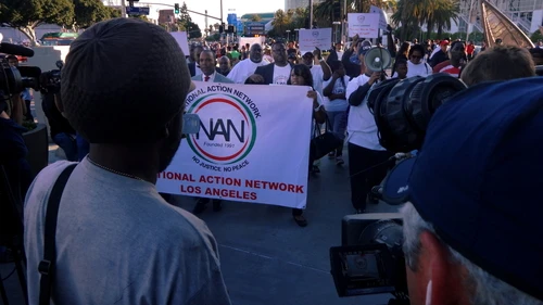 Click photo to download. Caption: National Action Network Los Angeles participants march alongside Staples Center in Los Angeles in reaction to the Donald Sterling scandal on April 29. Credit: Craig Dietrich via Wikimedia Commons