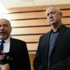 Yisrael Beiteinu leader Avigdor Lieberman (left) and leader of the Blue and White Party Benny Gantz hold a joint statement after their meeting in Ramat Gan on March 9, 2020. Photo by Tomer Neuberg/Flash90.
