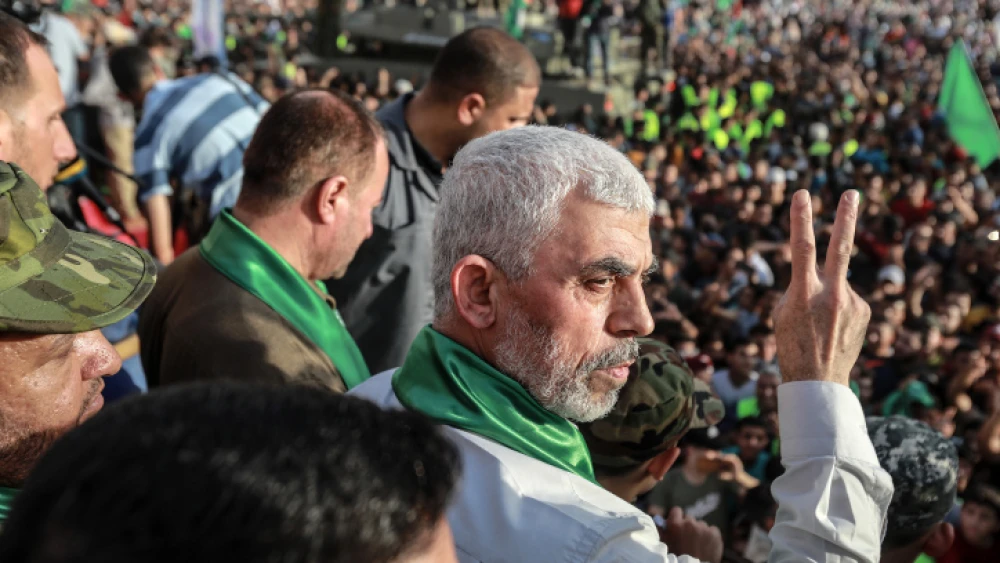 Yahya Sinwar, leader of Hamas in the Gaza Strip, at a rally in Beit Lahiya, May 30, 2021. Photo by Atia Mohammed/Flash90.