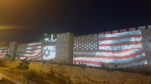 The city of Jerusalem marked the first anniversary of the relocation of the U.S. embassy to Israel's capital, and illuminated the walls of the Old City and the Chords Bridge in the colors of the American flag, May 14, 2019. Credit: Jerusalem Municipality.
