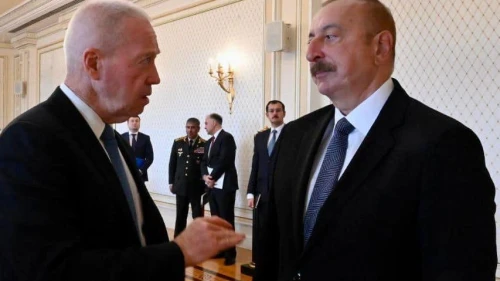 Israeli Defense Minister Yoav Gallant meets with Azeri President Ilham Aliyev in Baku, July 13, 2023. Credit: Ariel Hermoni/IMoD.