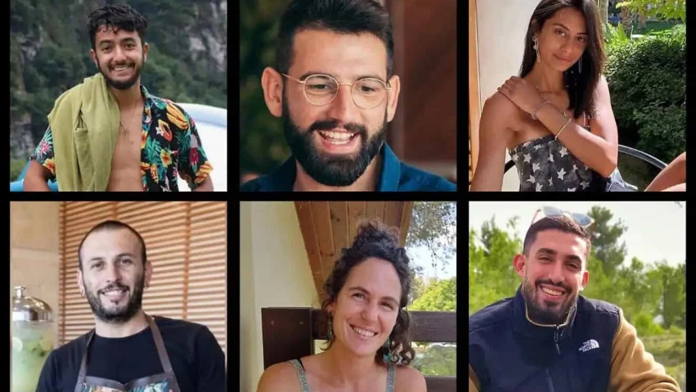 (From top left to right, clockwise) Hersh Goldberg-Polin, Almog Sarusi, Eden Yerushalmi, Alexander Lobanov, Carmel Gat and Ori Danino. Credit: Hostages and Missing Families Forum.