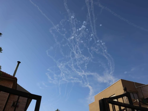 Israeli aerial defense systems intercept Hezbollah rockets over the Upper Galilee, as seen from Safed, Oct. 9, 2024. Photo by David Cohen/Flash90.