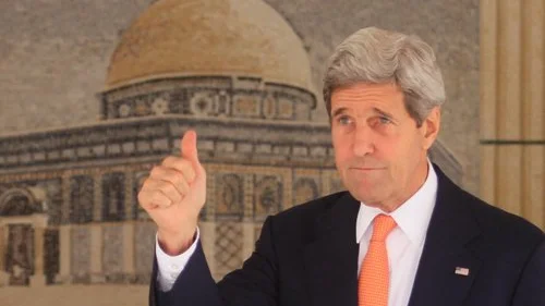 U.S. Secretary of State John Kerry at the Palestinian presidential compound in the West Bank city of Ramallah on July 23, 2014. Credit: Issam Rimawi/Flash90.