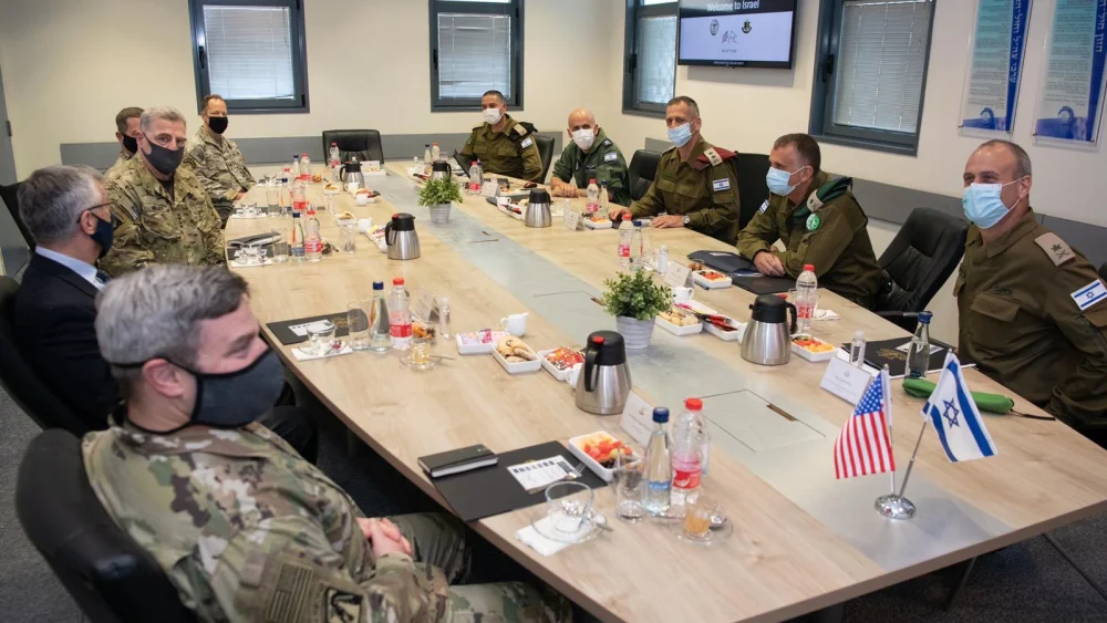U.S. Chairman of the Joint Chiefs of Staff Army Gen. Mark Milley meets with senior Israeli defense officials at an air-force base in southern Israel on July 24, 2020. Source: IDF via Twitter.