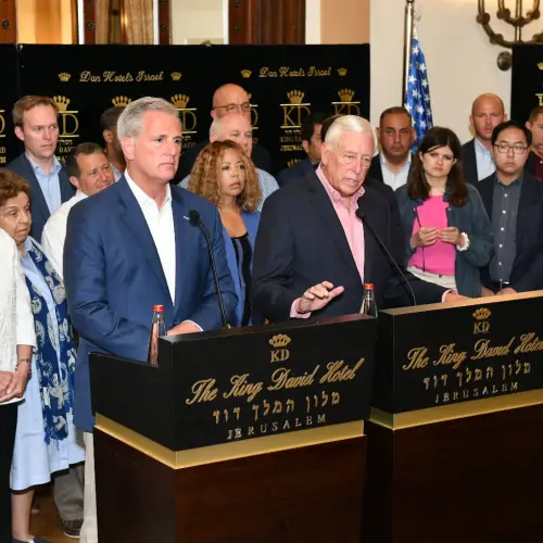 U.S. House Majority Leader Steny Hoyer and Republican Leader Kevin McCarthy with a delegation of members of the U.S. House of Representatives at the King David Hotel in Jerusalem on Aug. 11, 2019. Photo by Israel Hadari/Courtesy of AIEF.