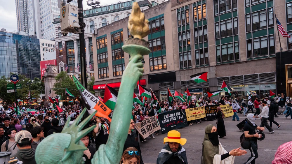 Pro-Palestinian activists join a “Nakba Day” march amid the ongoing Israel-Gaza conflict, in New York City on May 15, 2026. Photo by Adam Gray/Getty Images.