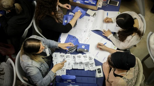 The ballots of soldiers and absentee voters are counted the day after national elections, on April 10, 2019. Photo by Noam Revkin Fenton/Flash90.