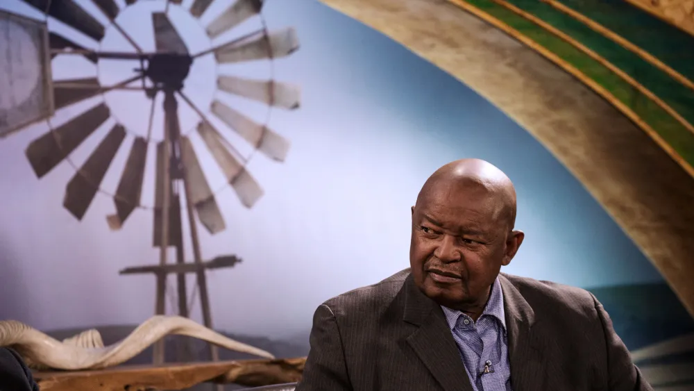 Mosiuoa Lekota, leader of COPE political party, speaks during talks “Nation in Conversation” at the Nampo Harvest Day Expo in Bothaville on May 15, 2018. Photo by Wikus De Wet/AFP via Getty Images.