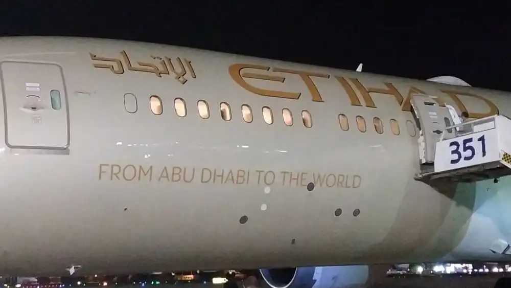 A United Arab Emirates Etihad cargo plane carrying Palestinian aid lands in Israel on June 9, 2020. Source: Twitter, Moni Shafir and IAA.