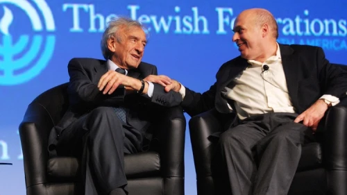 Click photo to download. Caption: Elie Wisel and Natan Sharansky on stage during the Jewish Federations of North America (JFNA) General Assembly on Monday. Credit: Robert A. Cumins for JFNA.