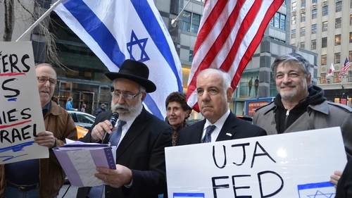 An April 8 rally in New York City against what protesters called the inclusion of "pro-BDS groups" in the annual Celebrate Israel Parade. Holding the microphone is Israeli Member of Knesset Nissim Ze’ev (Shas). Credit: Maxine Dovere.