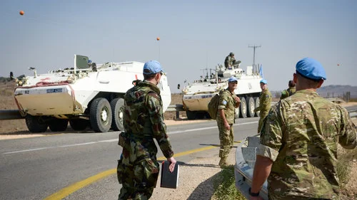 U.N. troops patrol near the Israeli-Syrian border in the Golan Heights after mortar shells landed in open fields in Israel, Oct. 21, 2017. Credit: Basel Awidat/Flash90.