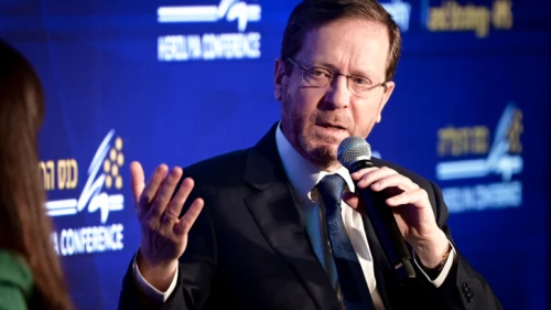 President Isaac Herzog speaks at the Herzliya Conference on May 22, 2023. Photo by Avshalom Sassoni/Flash90.