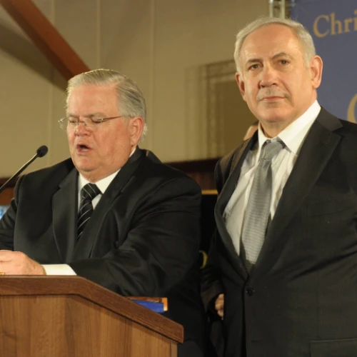 Pastor John Hagee (left) speaks next to Israeli Prime Minister Benjamin Netanyahu during a mission of approximately 800 members of Christians United for Israel in Jerusalem, March 18, 2012. Photo by Amos Ben Gershom/Flash90