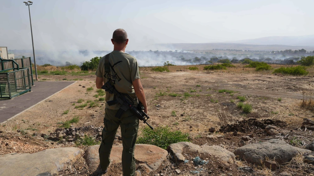 A large fire sparked by missiles launched from Lebanon, in the northern Israeli city of Katzrin, June 13, 2024. Photo by Ayal Margolin/Flash90.