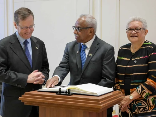 President Isaac Herzog receiving the first-ever residential Ambassador of Fiji to Israel Jesoni Vitusagavulu, Feb. 3, 2026. Credit: Maayan Toaf/GPO.