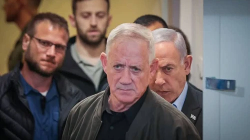 Israeli Minister Benny Gantz and Prime Minister Benjamin Netanyahu arrive at a press conference at the Defense Ministry in Tel Aviv, Dec. 16, 2023. Photo by Noam Revkin Fenton/Flash90.