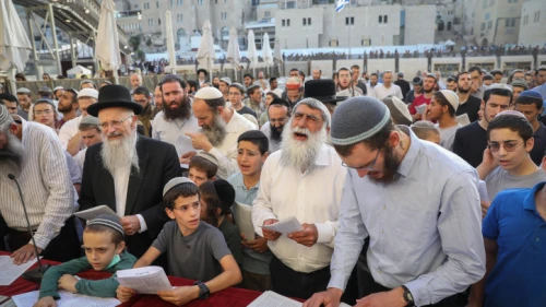 Hundreds of haredi Jews, led by prominent Religious Zionist rabbis, pray at the Western Wall in Jerusalem's Old City that Israel's new government not harm the country's Jewish character, June 13, 2021. Photo by Noam Revkin Fenton/Flash90.