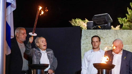 A ceremony held at the Yad Vashem Holocaust Memorial Museum in Jerusalem, as Israel marks the annual Holocaust Remembrance Day. April 23, 2025. Photo by Chaim Goldberg/Flash90.