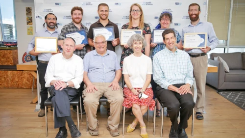 Rabbi Yehoshua Fass, Co-Founder and Executive Director of Nefesh B’Nefesh, Marty and Pearl Hershkovitz, and Marc Rosenberg, VP of Diaspora Partnerships at Nefesh B’Nefesh together with IZI grant recipients. Credit: Yonit Schiller