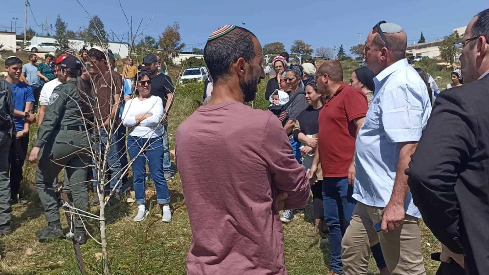 Residents of Nokdim in the Judean Desert protest a decision to uproot trees near the community, March 21, 2024. Credit: Courtesy.