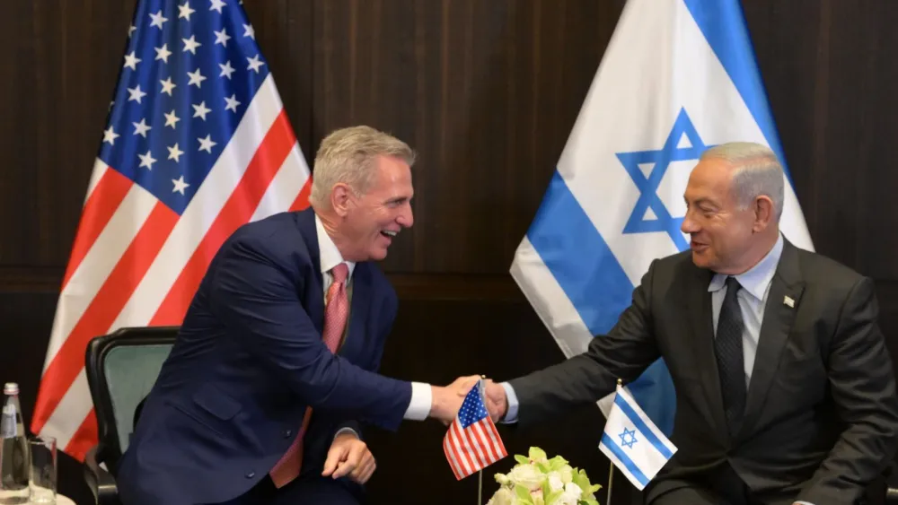 Israeli Prime Minister Benjamin Netanyahu (right) meets with United States House Speaker Kevin McCarthy in Jerusalem, Israel, May 1, 2023. Credit: Amos Ben-Gershom/GPO.