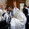 Jewish worshippers pray at the Western Wall, Judaism's holiest prayer site, in Jerusalem's Old City, during the Cohen Benediction priestly blessing at the Jewish holiday of Sukkot, October 09, 2025. Photo by Oren Ben Hakoon/Flash90 *** Local Caption *** כתל דת כהנים יהדות טלית טליתות רחבת הכותל המערבי ברכת כוהנים חג סוכות