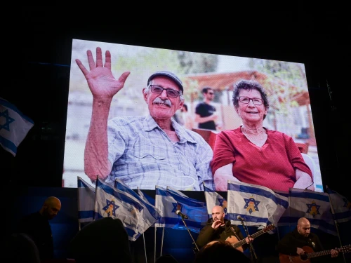 Israeli singer Omer Adam perform at Hostage square in Tel Aviv, on the day of the release of the bodies of four Israeli hostages from Hamas captivity, Feb. 20, 2025. Photo by Chaim Goldberg/Flash90.
