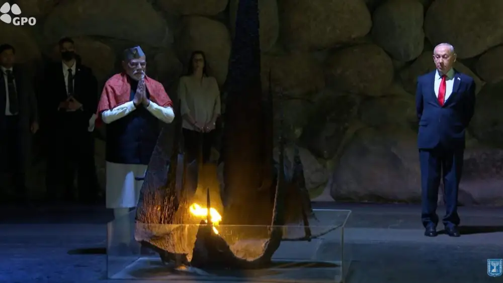 Narendra Modi, the Indian prime minister, places a wreath at the Yad Vashem Holocaust memorial in Jerusalem as Israeli Prime Minister Benjamin Netanyahu looks on, Feb. 26, 2026. Credit: YouTube/IsraeliPM.