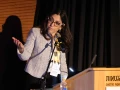 Alma Center President Sarit Zehavi speaks at an event at Kibbutz Lohamei HaGeta'ot on May 21, 2025. Credit: Courtesy of the Alma Center.