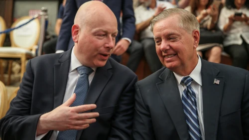 U.S. Middle East envoy Jason Greenblatt (left) speaks with U.S. Senator Lindsey Graham (R-S.C.) at the opening of an ancient road at the City of David archaeological site in eastern Jerusalem, June 30, 2019. Photo by Flash90.