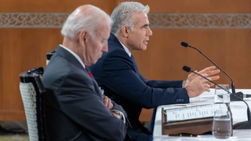 U.S. President Joe Biden holds a press conference with then-interim Israeli Prime Minister Yair Lapid in Jerusalem, July 14, 2022. Photo by Emil Salman/POOL.