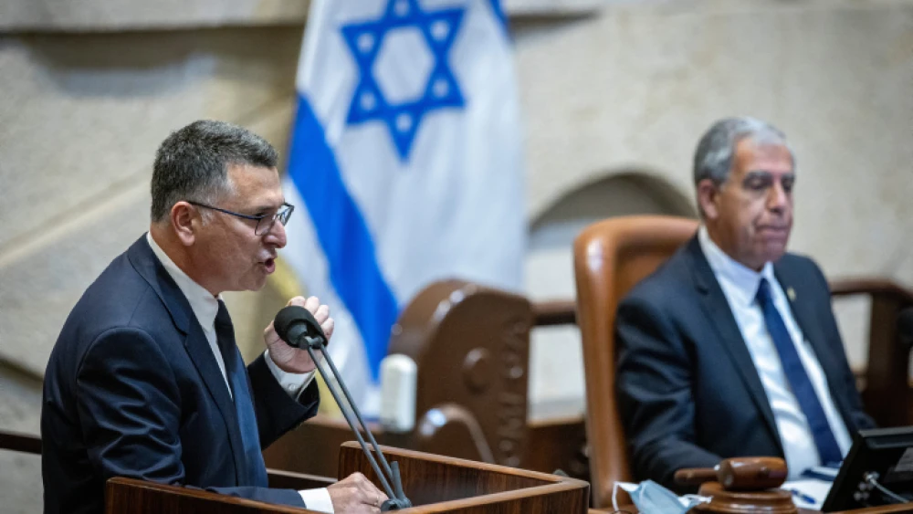 Israeli Justice Minister Gideon Saar speaks during a memorial ceremony marking 26 years since the assassination of former Israeli Prime Minister Yitzhak Rabin, at the Knesset, Oct. 18, 2021. Photo by Olivier Fitoussi/Flash90.