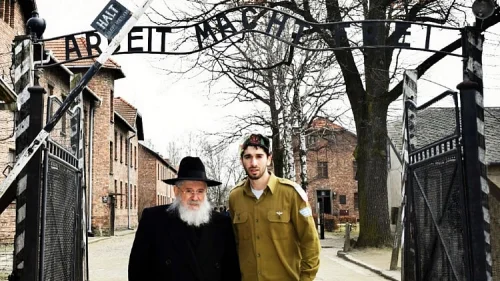 Holocaust survivor Rabbi Nissim Mangel and his grandson Leibel Mangel at Auschwitz. Credit: Leibel Mangel.