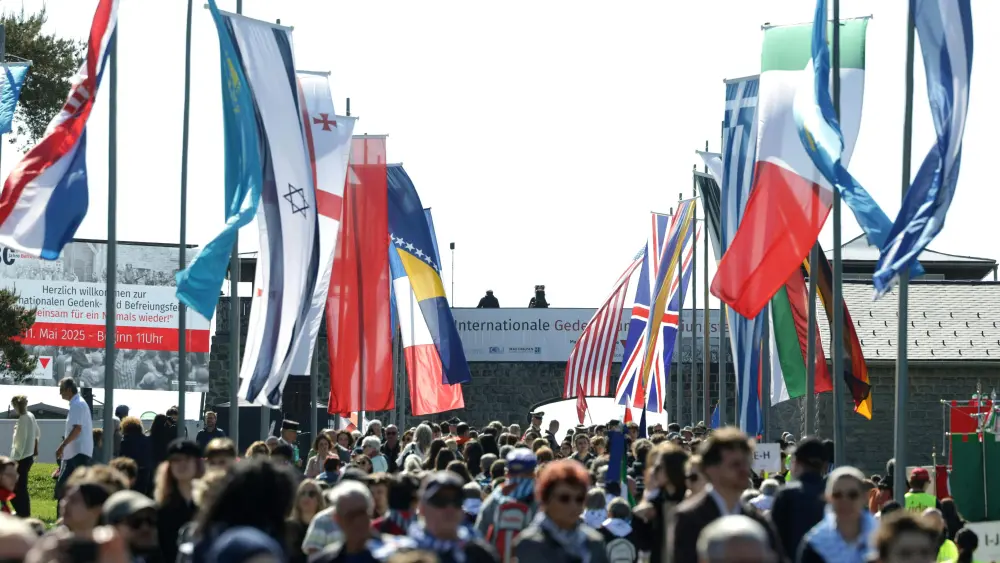 Delegations and victims associations attend the International Commemoration and Liberation Ceremony at the Memorial of the former concentration camp in Mauthausen, Austria, on May 11, 2025, on the 80th anniversary. Photo by Hannes Draxler/APA/FOTOKERSCHI.AT/AFP via Getty Images.