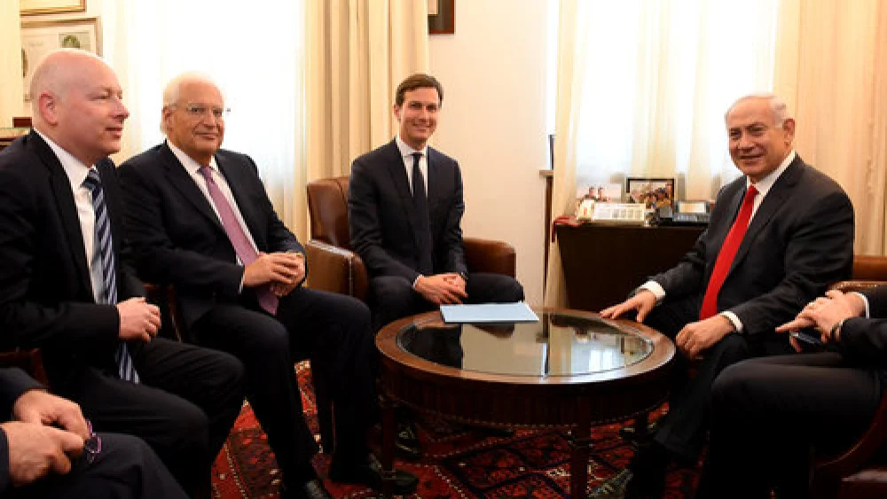 Israeli Prime Minister Benjamin Netanyahu meets with (from left) U.S. President Donald Trump's international negotiations representative Jason Greenblatt, U.S. Ambassador to Israel David Friedman and Trump's son-in-law and senior adviser Jared Kushner, in Jerusalem in June 2017, to discuss the peace process. Credit: Matty Stern/U.S. Embassy Tel Aviv.