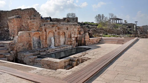 Caesarea National Park’s newly restored Roman fountain, which was originally built in the corner of the platform of King Herod’s former temple in the 1st century A.D. Credit: Israel Antiquities Authority.