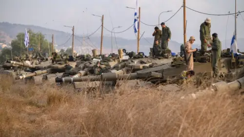 Israeli tanks at a staging area near the border with Lebanon, Oct. 11, 2023. Photo by Ayal Margolin/Flash90.