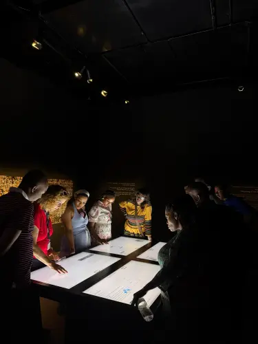 Members of the South African royal delegation tour the "06:29 From Darkness to Light" exhibition on Oct. 7, 2023, at the Museum of Tolerance Jerusalem, Sept. 1, 2026. Credit: Courtesy.