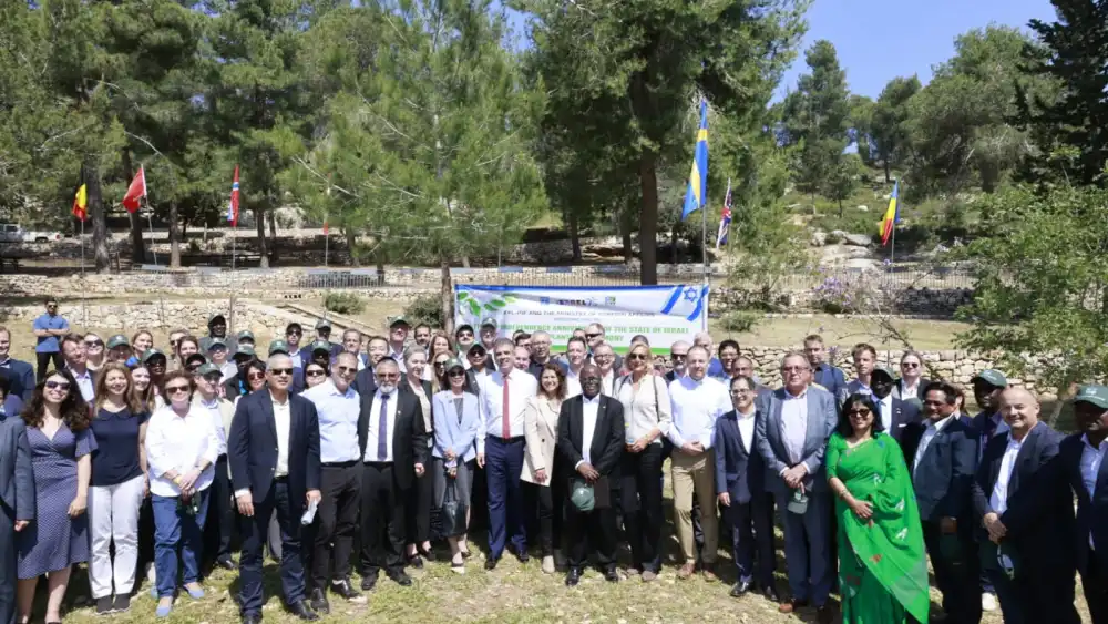 Diplomats stationed in Israel participate in a Keren Kayemet LeYisrael-Jewish National Fund tree planting event in the Jerusalem Forest, May 3, 2023. Photo by Yossi Zamir/KKL-JNF.