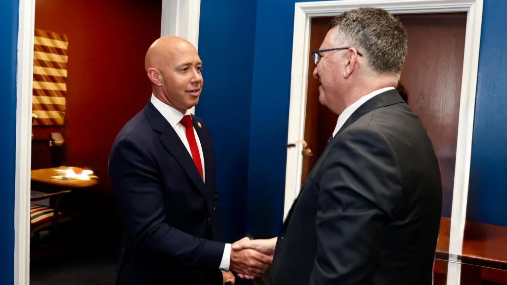 Israeli Foreign Minister Gideon Sa’ar, right, meets with Rep. Brian Mast, R-Fla., chairman of the House Foreign Affairs Committee, in Washington on July 16, 2026. Credit: Israeli Foreign Ministry.