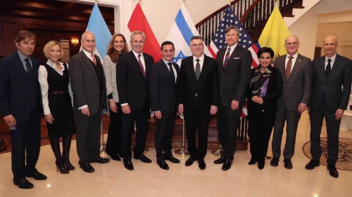 Israeli Foreign Minister Gideon Sa’ar, center, poses with senior officials from the United States, Argentina, Paraguay and Ecuador at an event in Washington, D.C., on Feb. 3, 2026. Source: @gidonsaar/X.
