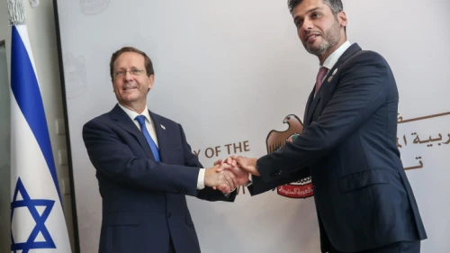 UAE Ambassador to Israel Mohamed Al Khaja and Israeli President Isaac Herzog at the opening ceremony of the UAE embassy in Tel Aviv, July 14, 2021. Photo by Miriam Alster/Flash90.