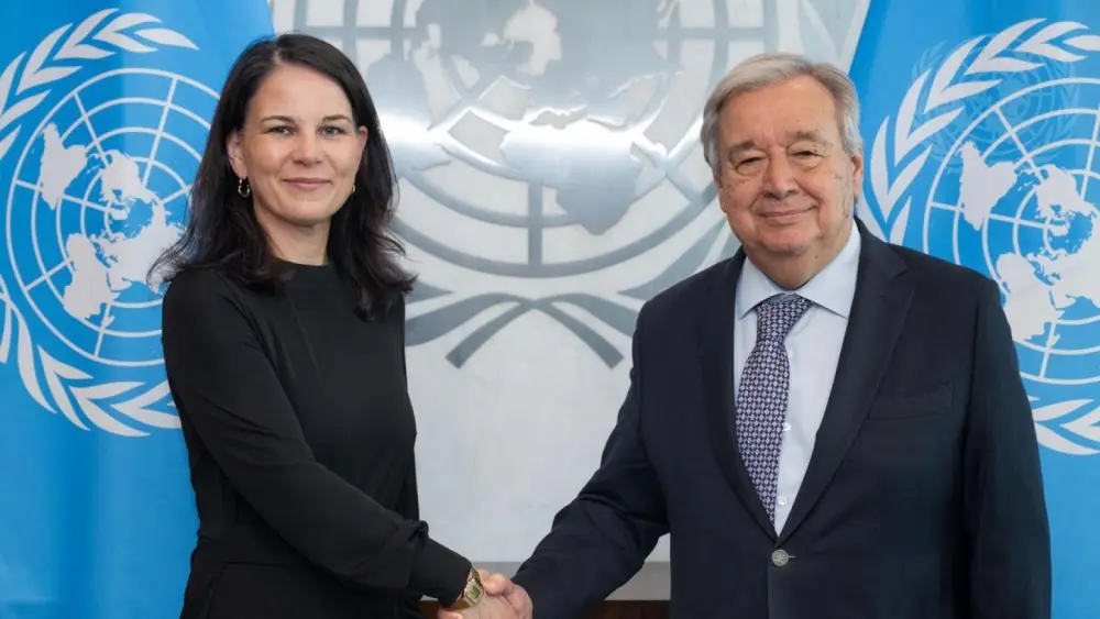 U.N. Secretary-General António Guterres congratulates Annalena Baerbock following her election as president of the 80th session of the U.N. General Assembly on June 2, 2025. Credit: Manuel Elías/ U.N. Photo.