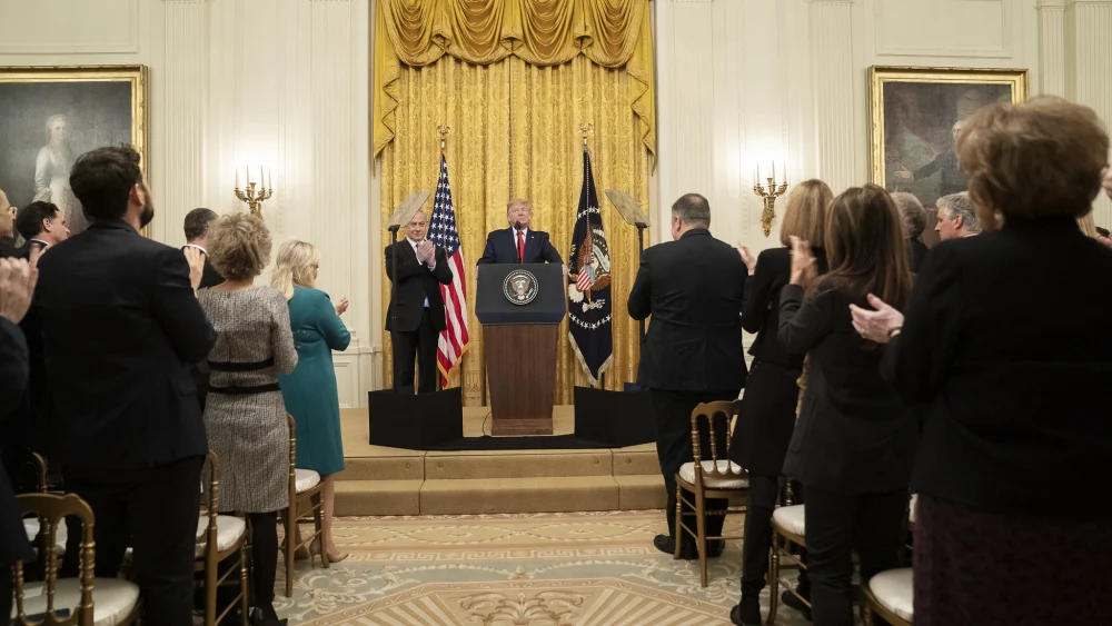 U.S. President Donald Trump delivers remarks with Israeli Prime Minister Benjamin Netanyahu in the East Room of the White House unveiling details of the Middle East peace plan, Jan. 28, 2020. White House Photo by Shealah Craighead.