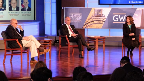 Rebbetzin Nechama Shemtov, director of education and women’s issues at American Friends of Lubavitch, moderated a panel with former U.S. Special Envoy for Monitoring and Combating Anti-Semitism Ira Forman, who served in the Obama administration, and Elan Carr, who served the same role in the Trump administration. Photo by Dmitriy Shapiro.