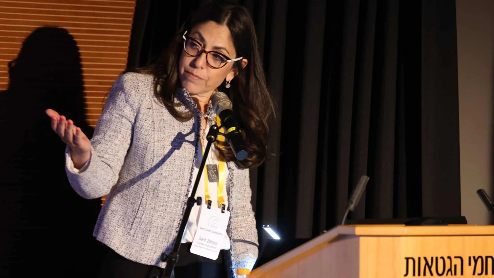 Alma Center President Sarit Zehavi speaks at an event at Kibbutz Lohamei HaGeta'ot on May 21, 2025. Credit: Courtesy of the Alma Center.