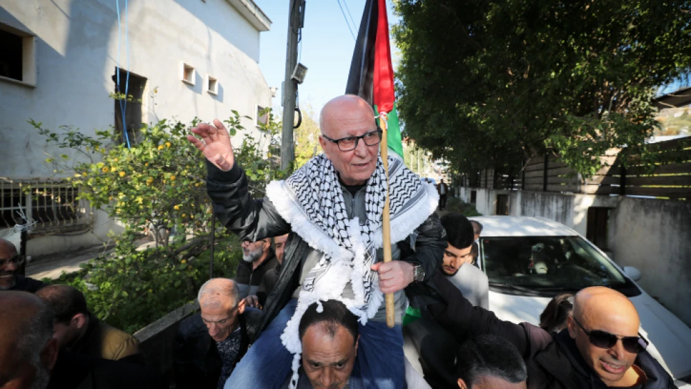 Family and friends greet convicted terrorist Karim Younis, who was released after serving 40 years for murdering an Israeli soldier, in 'Ara, Jan. 5, 2023. Photo by Jamal Awad/Flash90.